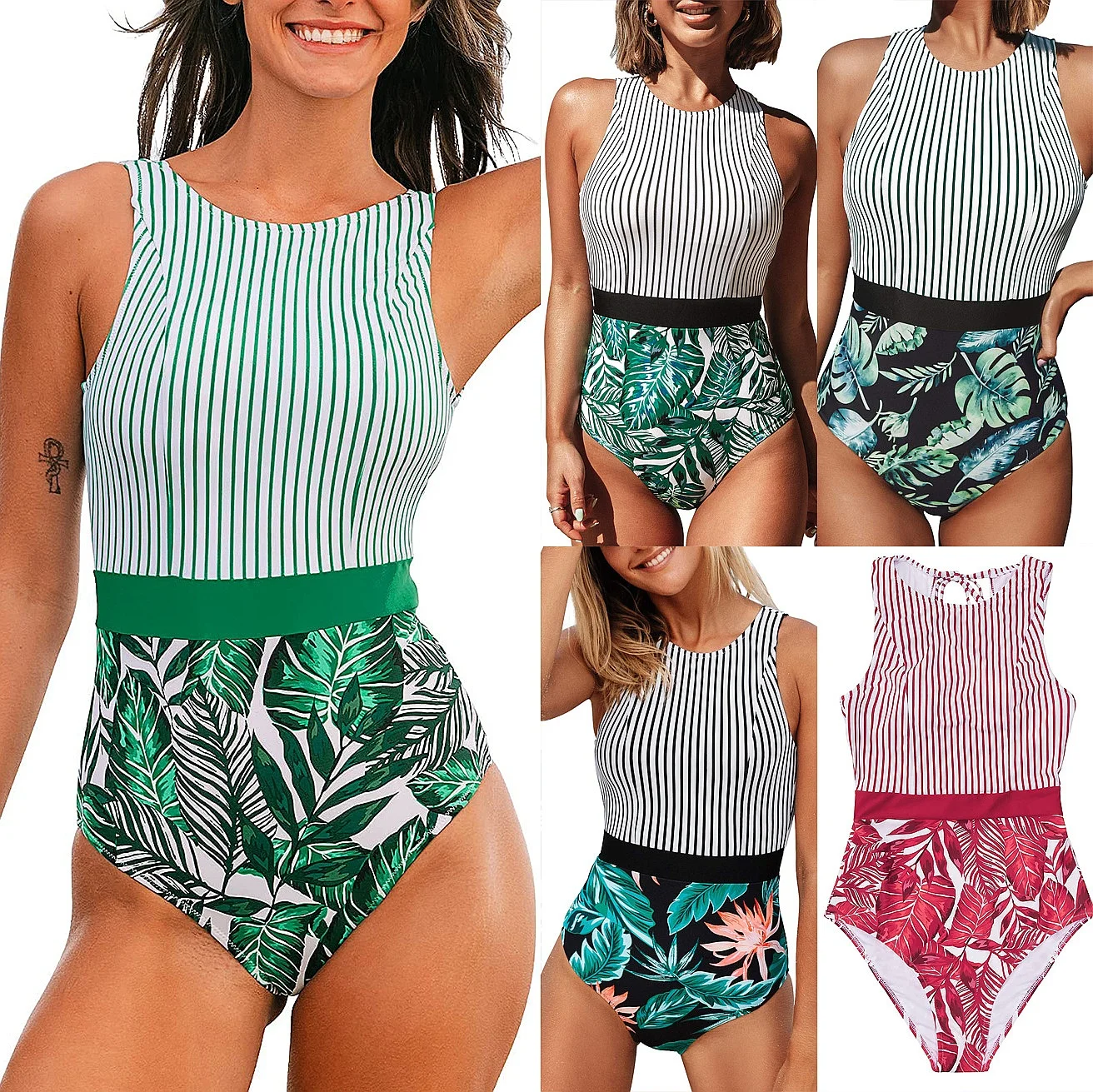 

2026 European American Striped Leaf Patchwork Triangle Slim Bikini Set Padded Women Summer Beach Pool Swimwear Bulk Wholesale