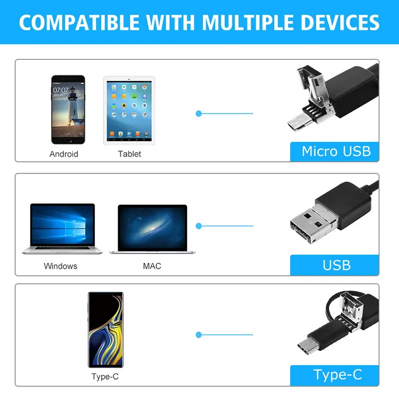 DDCAMERA 1080P USB Endoscoop Inspectiecamera 3 in 1 USB/Micro USB/Type-C Endoscoop Camera Borescope met LED-verlichting