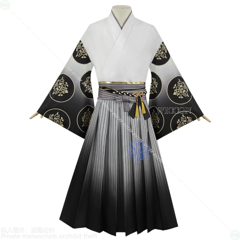 Anime juego de terror F Cosplay Kotoyuki Fox Man Tsuneki disfraz Kimono japonés vestido largo degradado negro máscara 3D pendiente Halloween