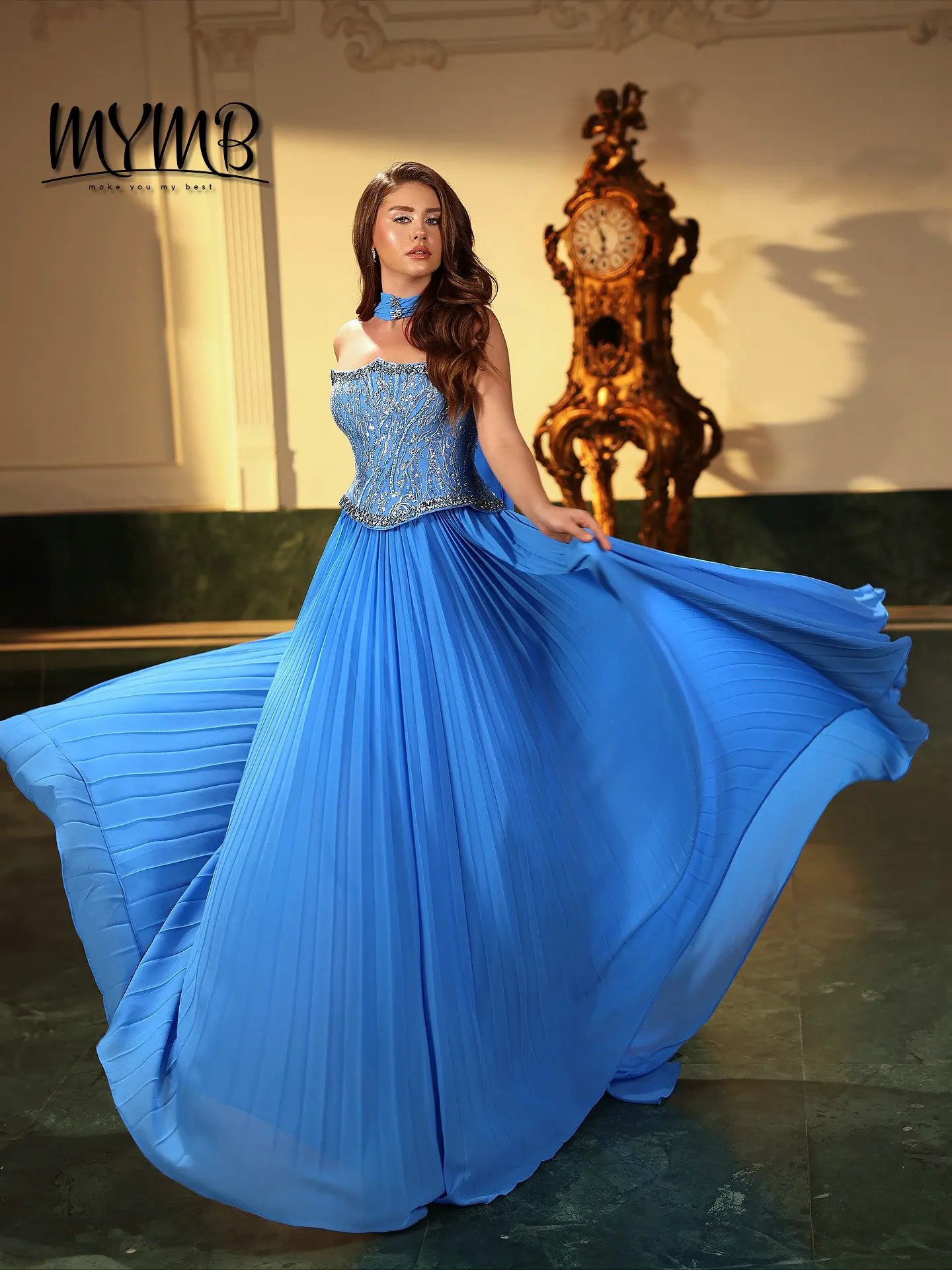 MYMB A Line Sky Blue Sleeveless Evening Gowns With Beaded Corset Top Pleated Long Skirt Elegant Prom Dresses for Wedding MB40455