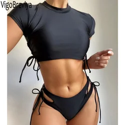 VigoBreviya 2024 Solid Short Sleeve Swimwear Women Sexy High Cut Tied Hollow Bikini Push Up Swimsuit Summer Beach Bathing Suit