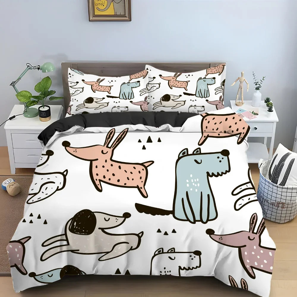 Cartoon Dog King Queen Duvet Cover Lovely Illustrated Pet Puppy bedding set  Animal Quilt Cover 2/3pcs Polyester Comforter Cover