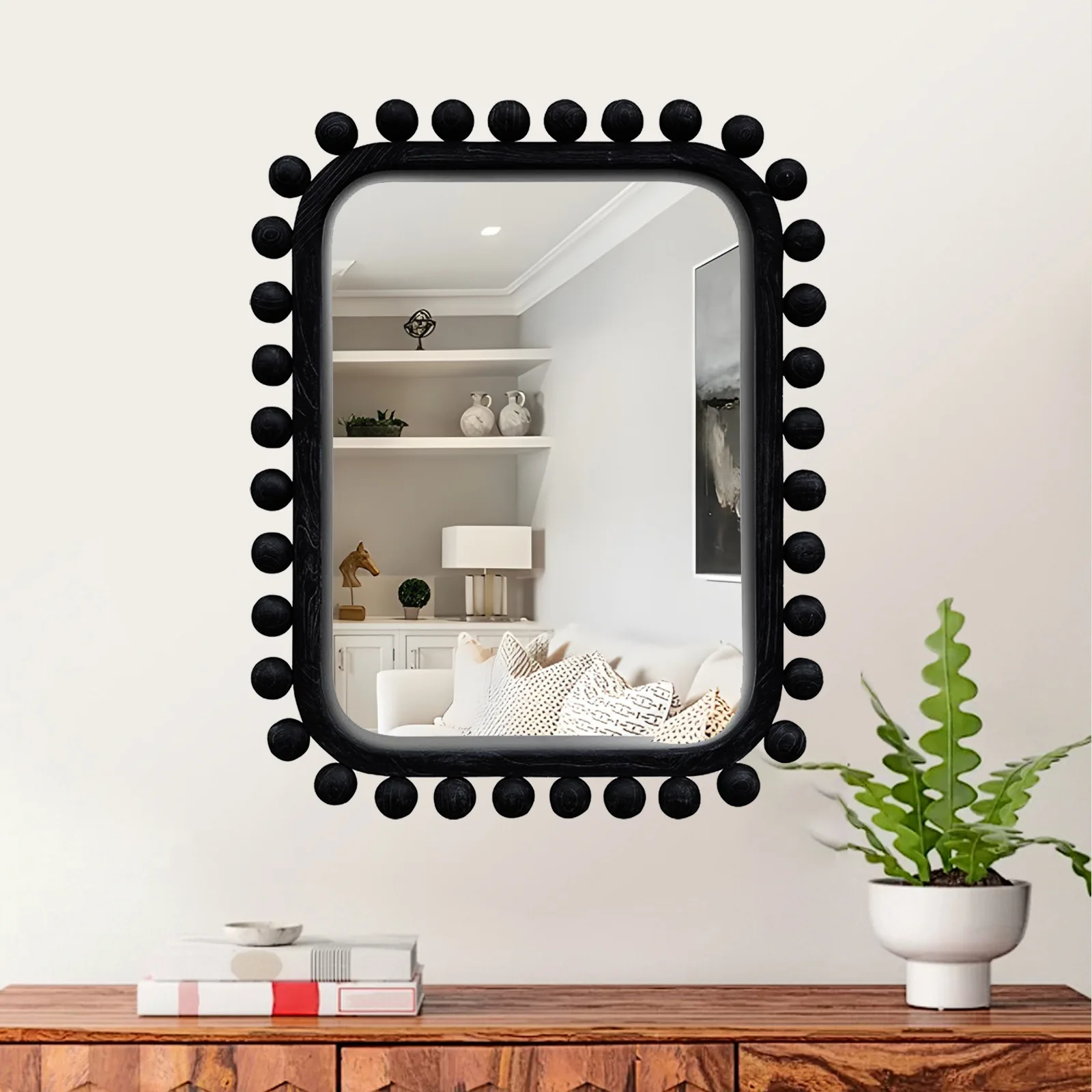 Nordic style black rectangular wooden living room entrance decorative mirror, modern light luxury wall hanging, home decoration