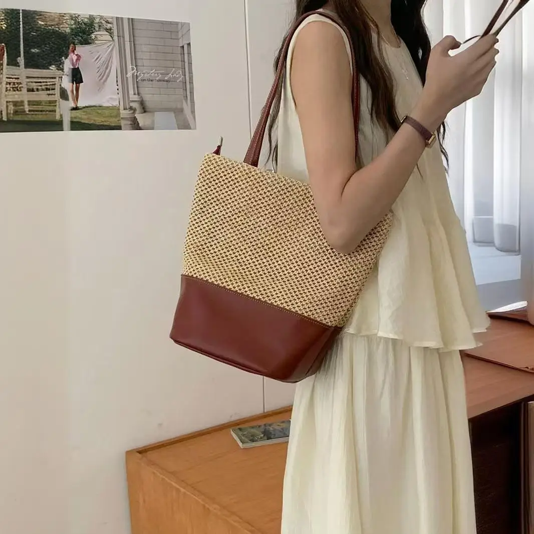 Contrast Color Splicing Tote Bag Vacation Beach Bag Luxurious Retro Bucket Bag Exquisite and Versatile Underarm Bag Trendy Bag