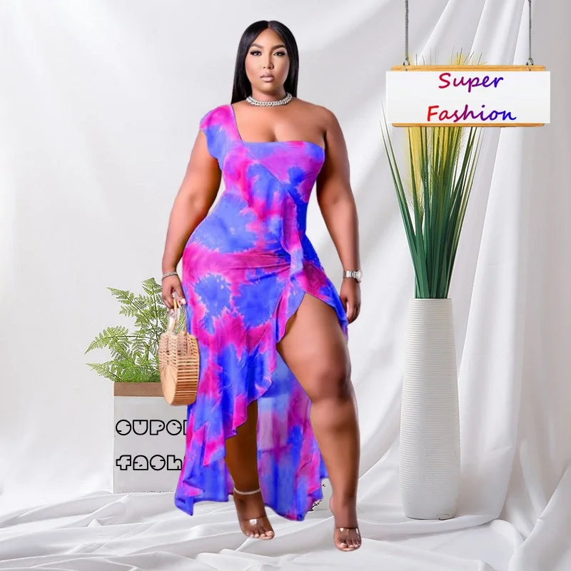 

WSFEC L-4XL Spring Summer 2023 African Women Clothing Plus Size Dresses Printing Irregular Ruffles Split Sexy Beach Maxi Dress