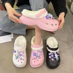 Hot Women Slippers 6cm Platform Warm Furry Clogs Slippers with Charms Indoor Home Cotton Shoes Fluff Fur Slides Plush Sandals