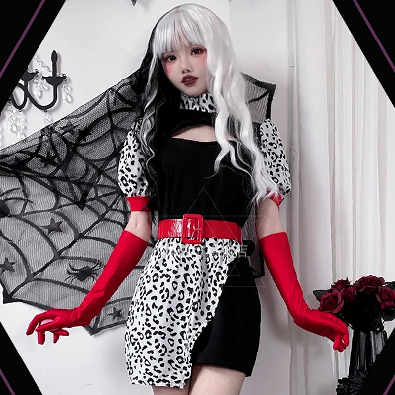 

Halloween Dark Adult Costume Cosplay Black and White Leopard Print Nightclub Hottie Skirt Witch Cuila Sexy Dress 189