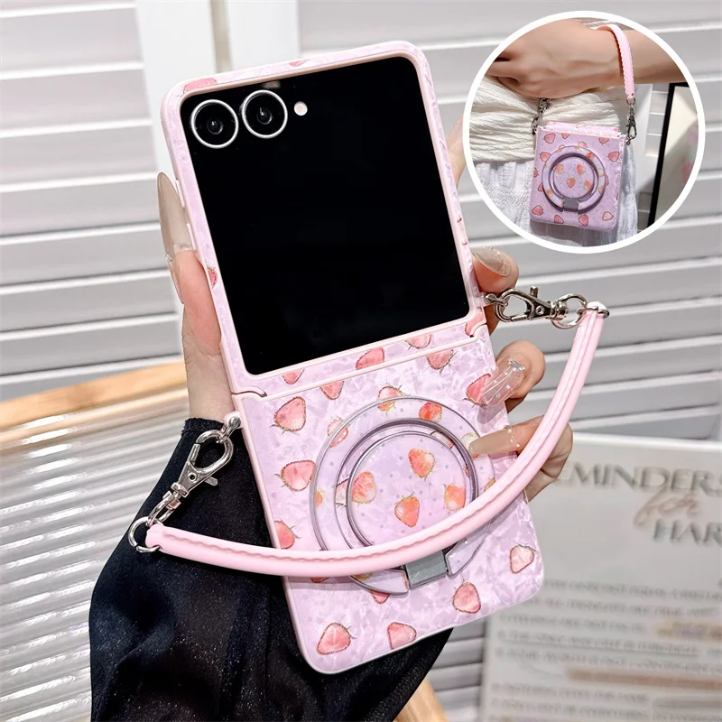 

Strawberry Pink Phone Case For Samsung Galaxy Z Flip 5 6 7 8 with Wrist Strap Ring Holder Luxury Cute Shockproof Cover For Girls