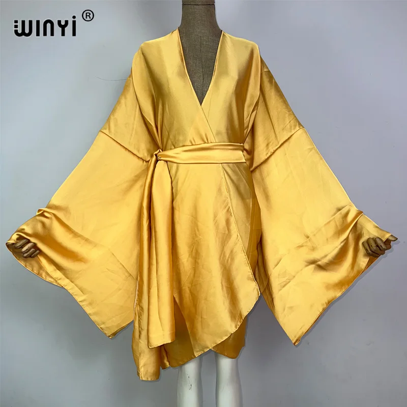 WINYI kimono boho monocolour kaftans odzież plażowa elegancka stroje plażowe wakacyjna dla kobiet okrycie na kostium kąpielowy sukienka купальник