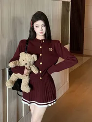 Autumn Winter Women Korean 2000s Vintage Preppy Old Money Outfits 2 Piece Set Long Sleeve Cardigan Sweater + Mini Pleated Skirts