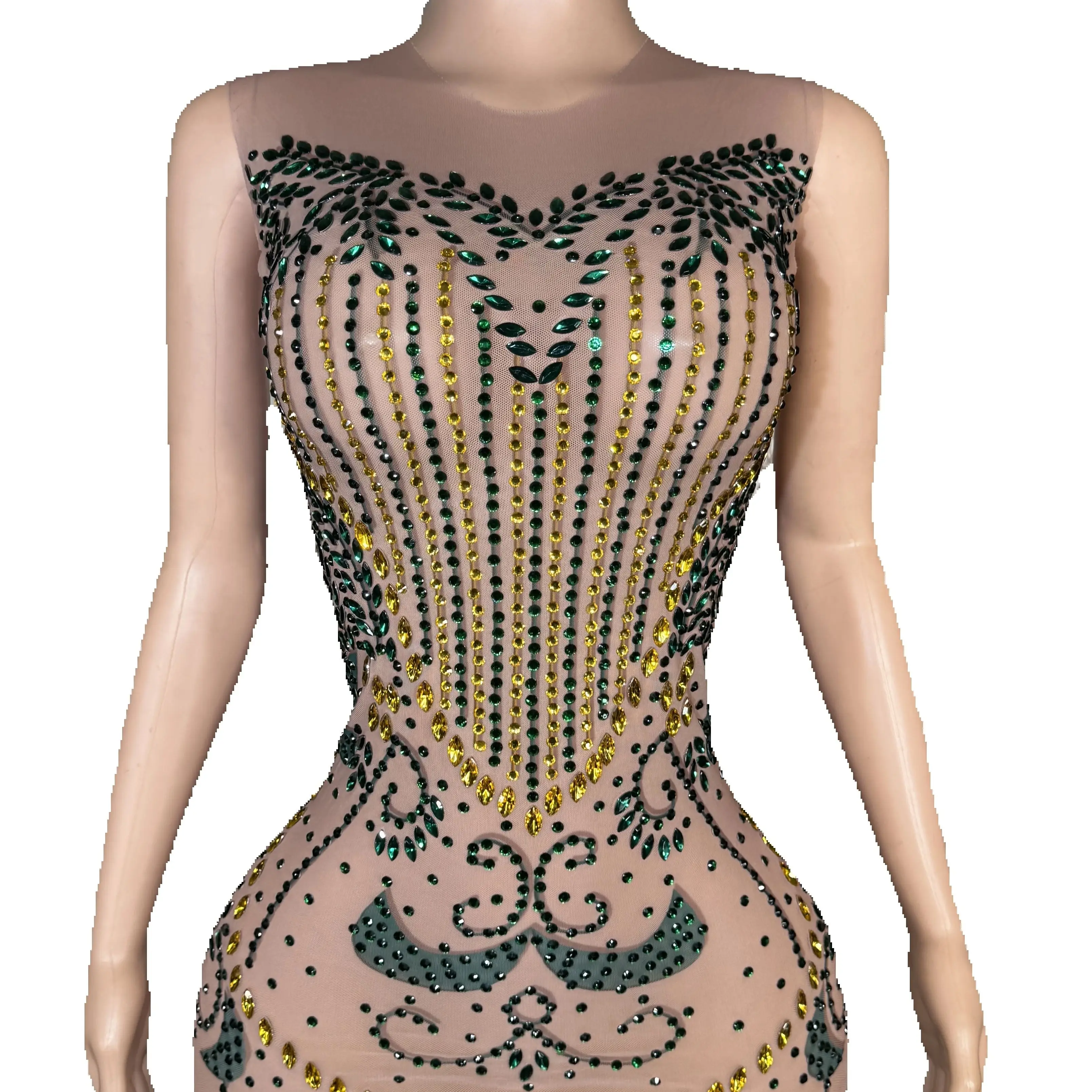 

ZD Luxury Emerald Green Rhinestone Prom Dress Sexy Sleeveless Illusion Mesh Evening Gown Sparkling Crystal Birthday Party