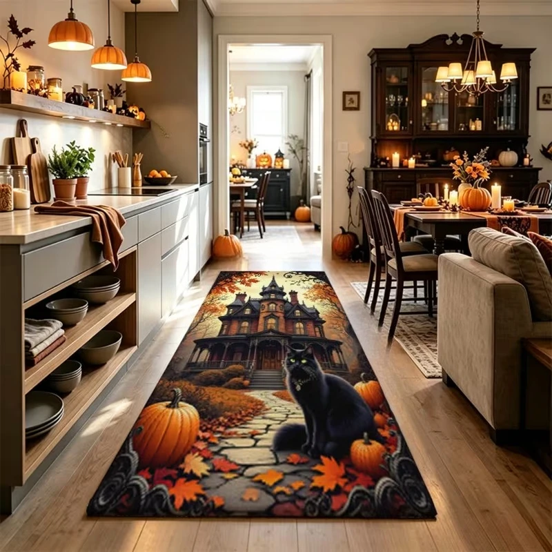 Pumpkin Witch‑hat Ghost Web Print Long Runner Rug, Soft Wear‑resistant Household Floor Mat, Cute Halloween‑themed Decor Carpet