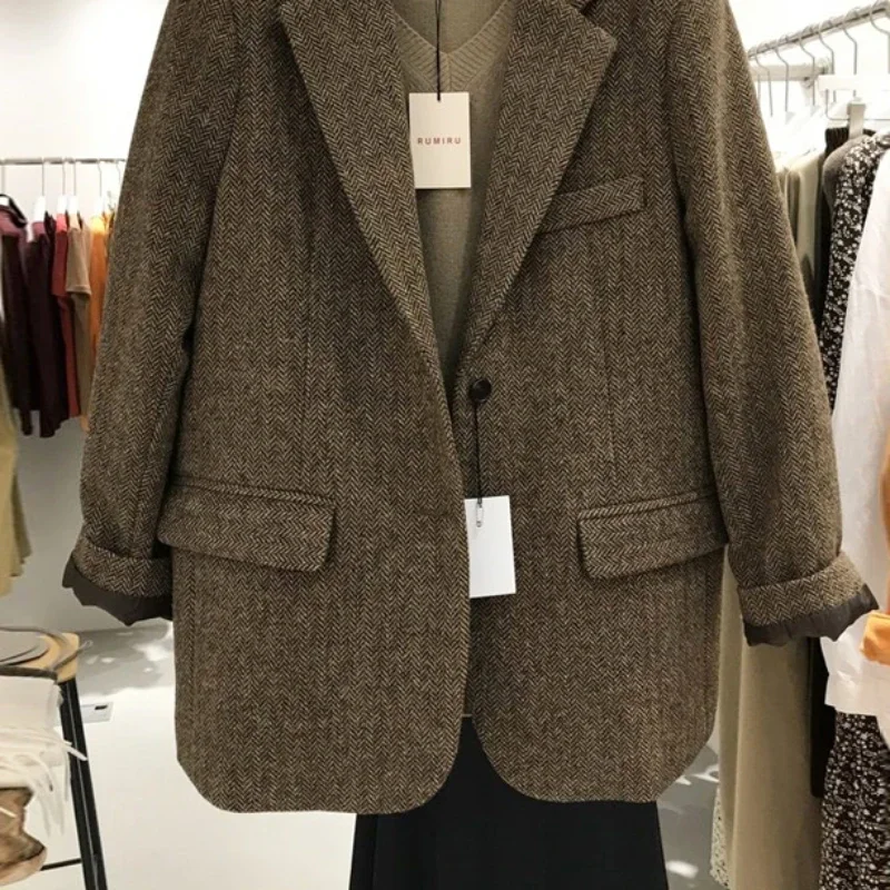 Women's Autumn/Winter British Style Short Loose Wool Tweed Blazer Coats Retro Casual Solid Color Herringbone Blazers for Woman