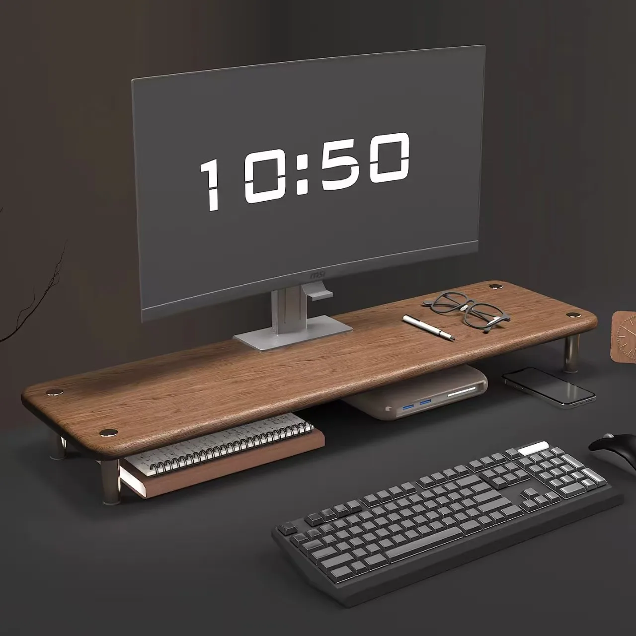 Solid Wood Monitor Stand Riser Usb Type C Charging Ports Desktop Storage Shelf Computer Laptop Cm To Wide Home Office Desk