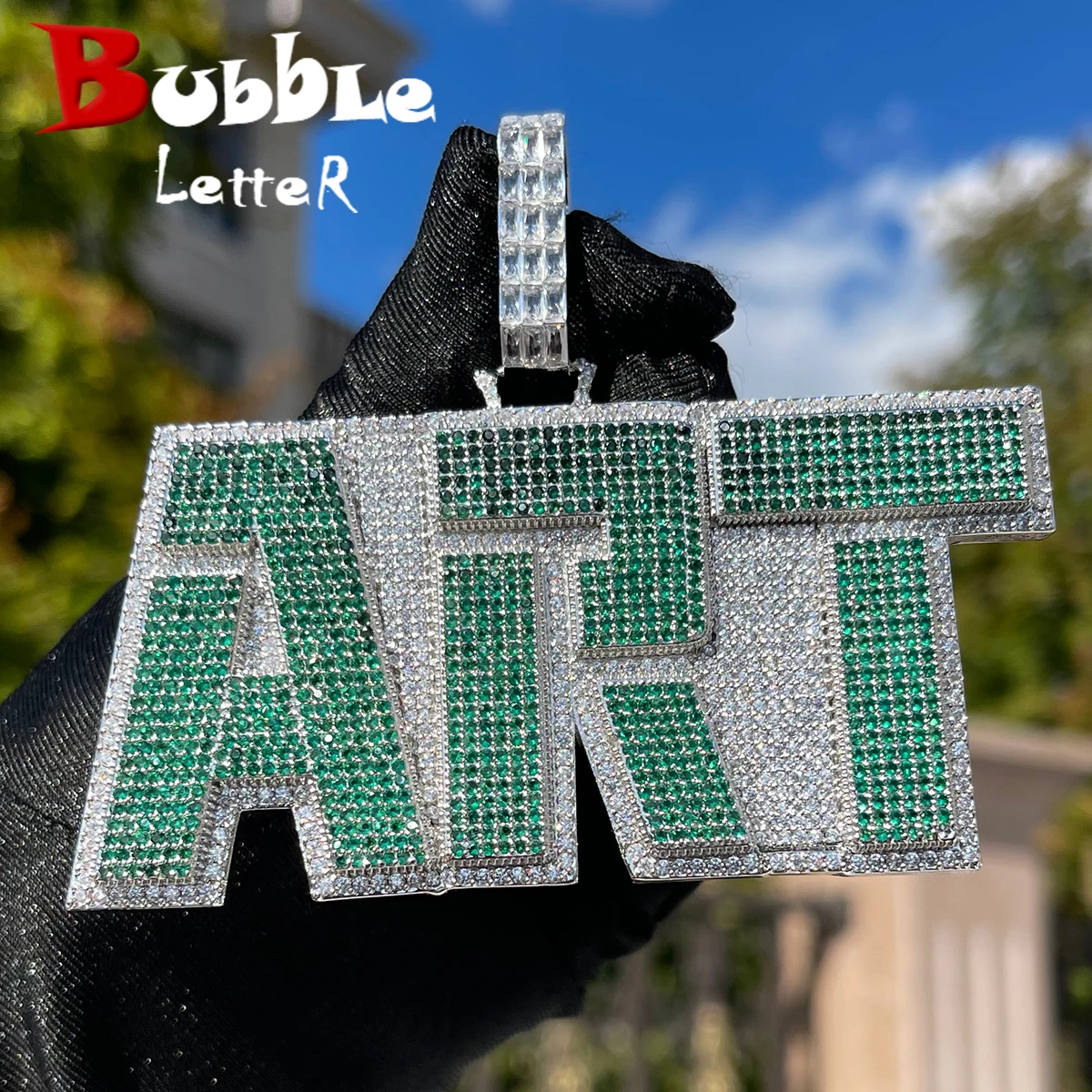 Bubble Letter Personalized Pendant Custom Name Necklace for Men White Gold Plated Green Stones Prong Setting Hip Hop Jewelry