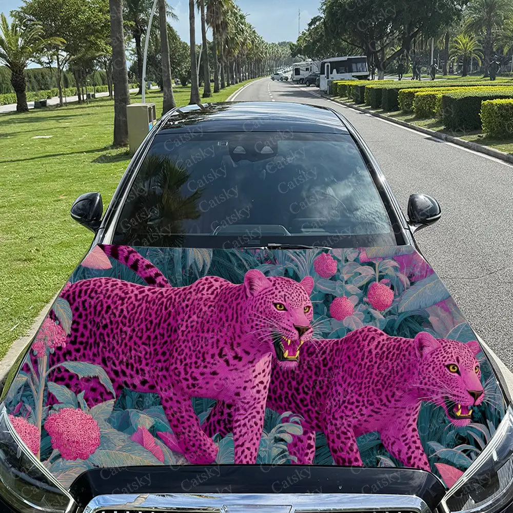

Яркая розовая наклейка на автомобильный чехол с леопардовым принтом, наклейка на автомобильный капот, водонепроницаемые и самоклеящиеся автомобильные виниловые обертывания, крутой внешний декор автомобиля