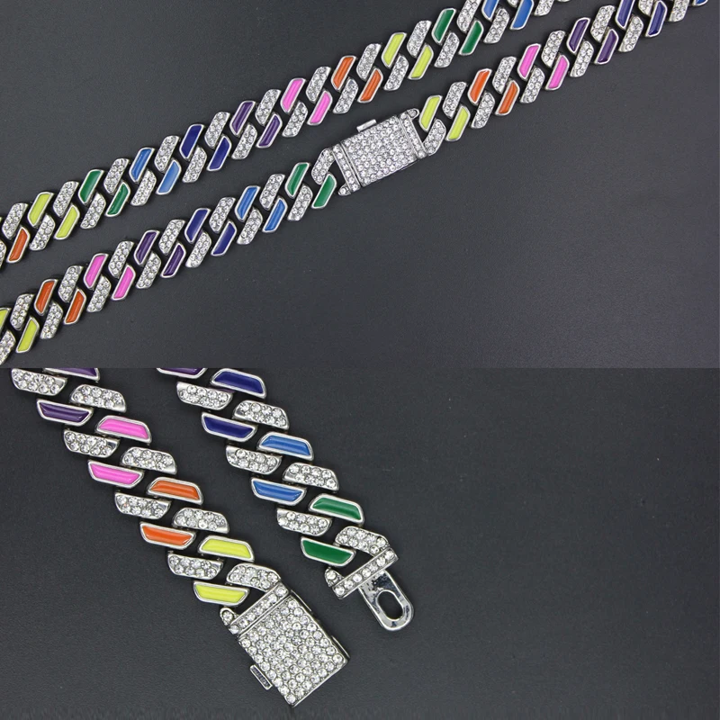 Fashion Men Women Hip Hop Necklace 12mm Rainbow Colors Miami Rhinestone Cuban Link Chain Necklaces Hiphop Jewelry Gift