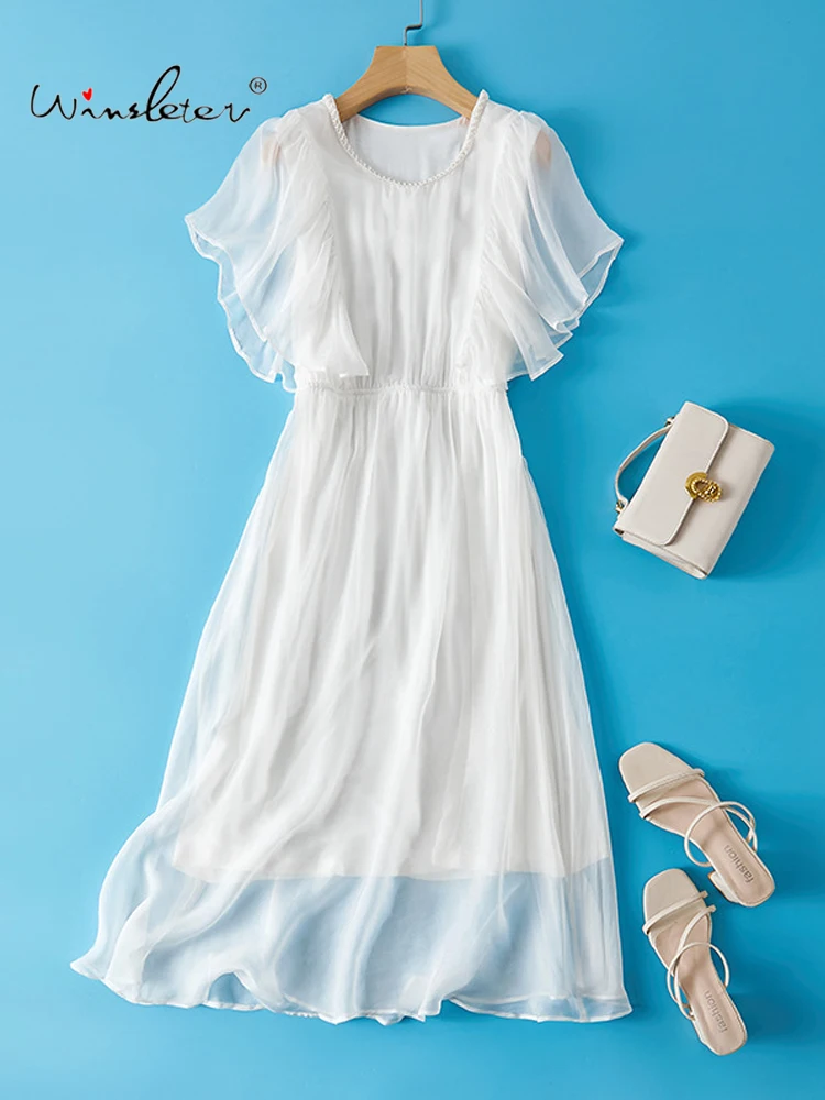 

Шелковое элегантное платье Winsleter, 100% шелк, с рукавами-бабочками и стразами, женское французское пляжное платье для отпуска, новинка лета 2026 D64111CC