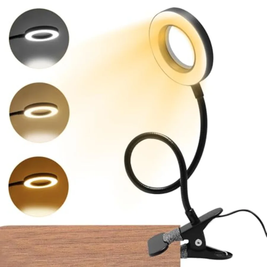 5X Magnifying Glass with Light, 3 Color Modes LED Desk Lamp, Clip on Lamp Lighted Magnifier, 360° Flexible Neck Magnifying Lamp