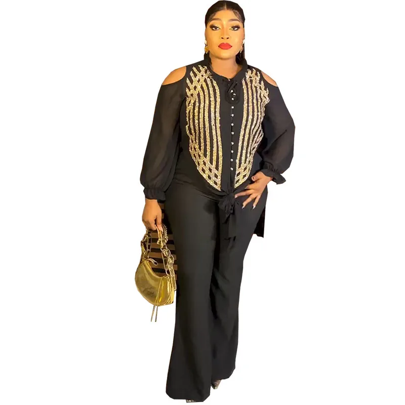 Women Fashion Two Piece Outfits Casual Long Sleeve Chiffon Tops And Polyester Straight Leg Pants Set Elegant African 2PCS Suits