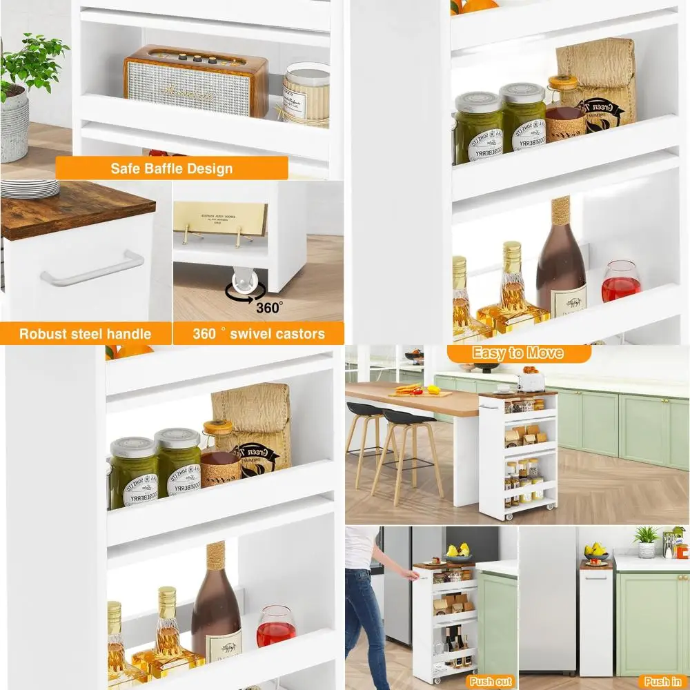 

4-Tier Rolling Kitchen Cart with Handle, Compact Storage on Wheels for Small Spaces, Ideal for Laundry, Kitchen, Bathroom - Whit