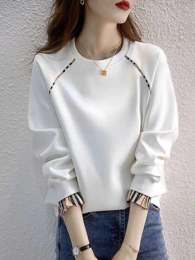 New Thin Pure Cotton Women's Autumn Korean Version Loose Fitting Pullover Long Sleeved Round Neck Top Trendy Commute