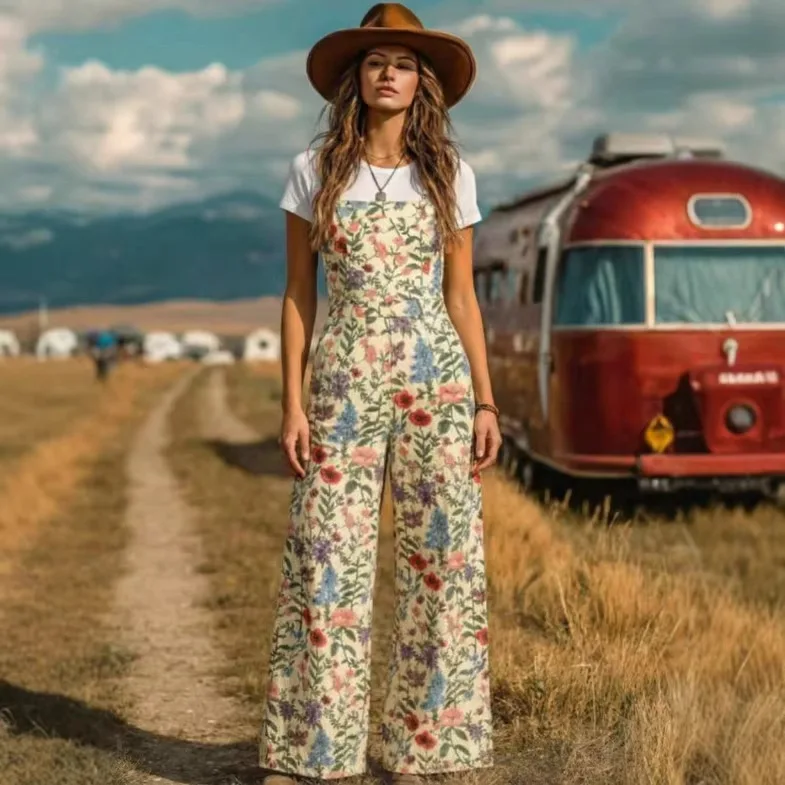 

2026 Spring Summer New Floral Butterfly Print Jumpsuit Women Elegant Button Down High Waist Wide Leg Jumpsuits Casual Rompers