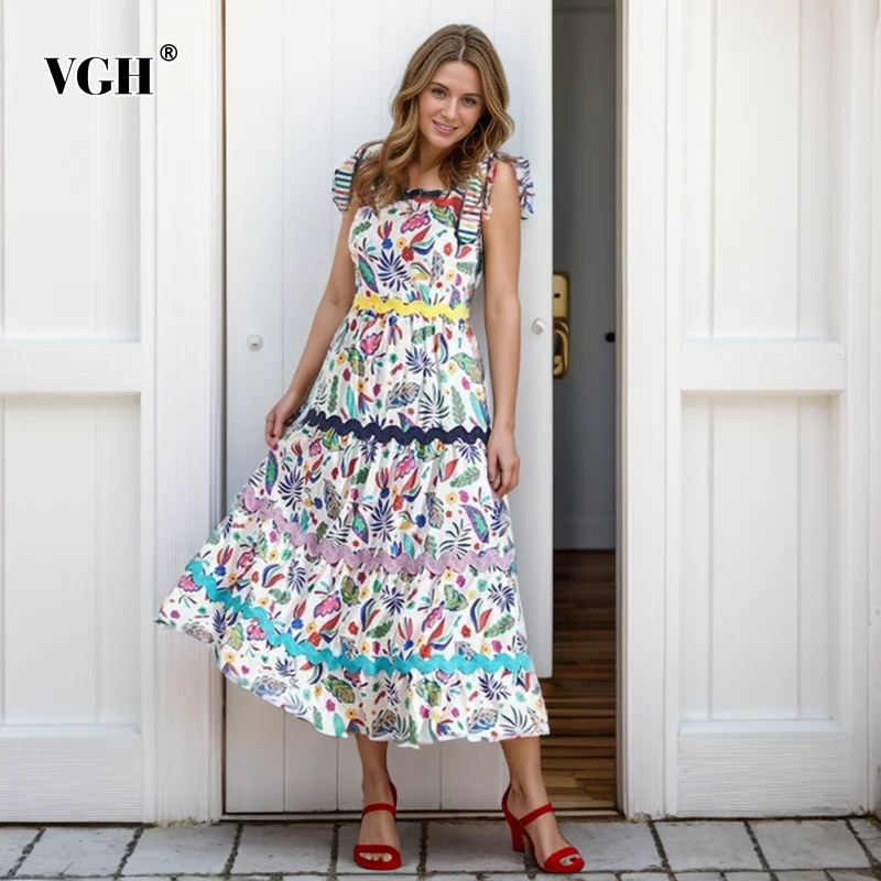 VGH Hit Colot Camisole Dresses For Women Square Collar Sleeveless High Waist Patchwork Bownot Backless Long Dress Female Summer