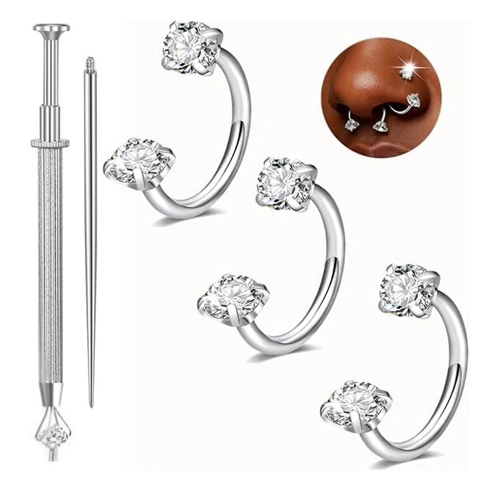 16G Nose Stud Stainless Steel Silvery Horseshoe Women Hypoallergenic Double Gem Corkscrew Nostril Piercing Jewelry Men Trendy
