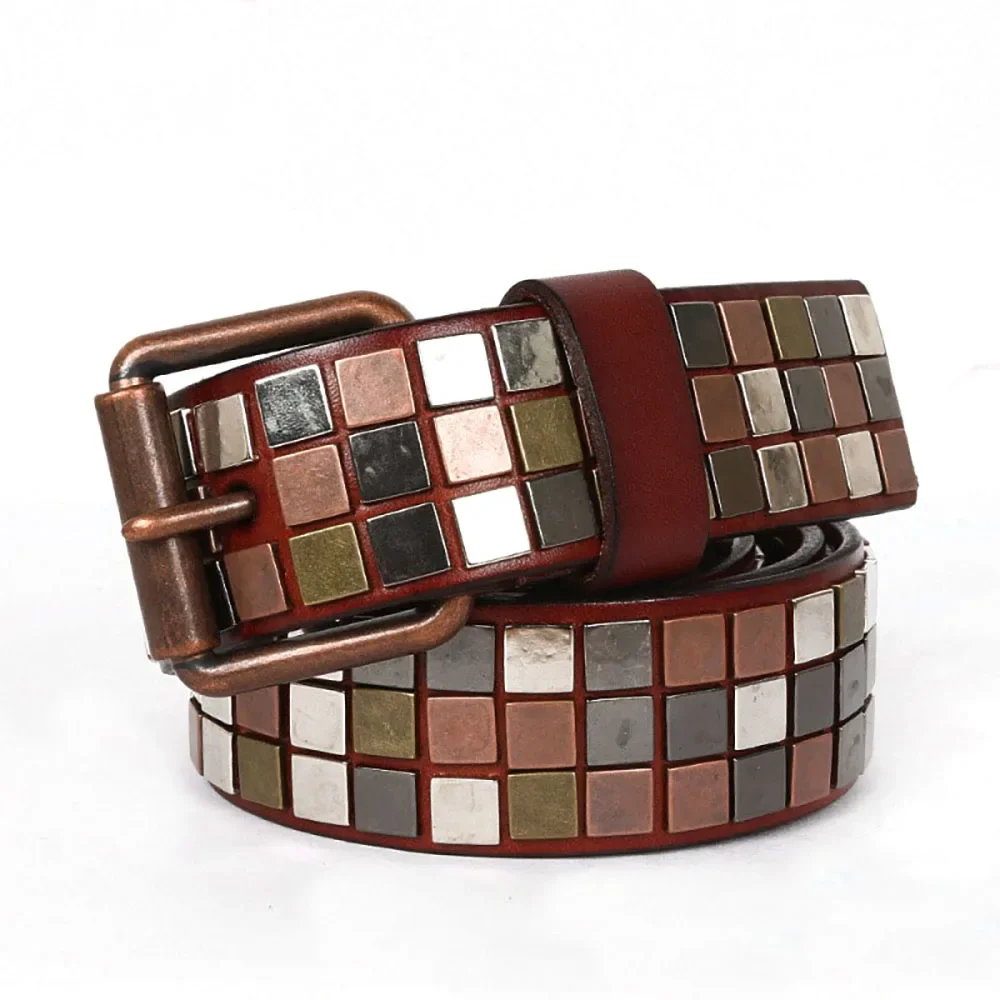 New Style Genuine Leathe  Belt with Square Ornament Rivets Design Cowhide Fashion Leather