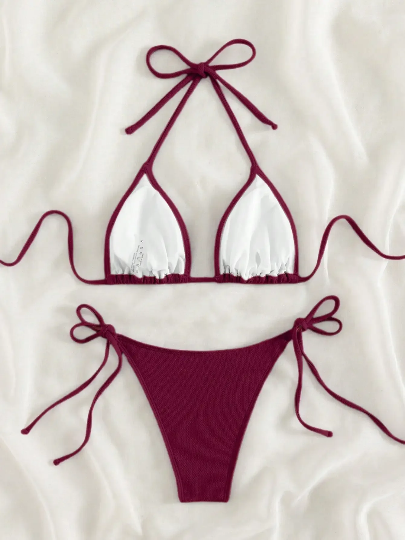 여름 와인 레드 보타이 프론트 타이 비키니 수영복 세트