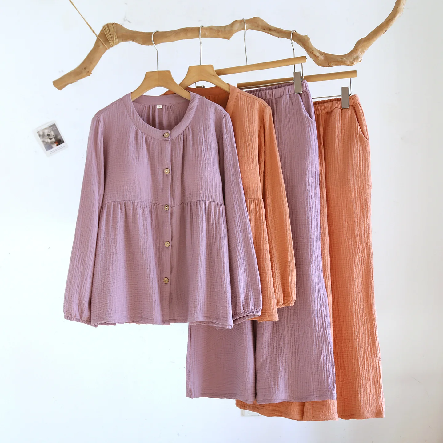 Women's Solid Color Cotton Pajama Sets Gauze Long Sleeve Pants Loungewear Casual Simple Sleepwear Round Neck Nightwears