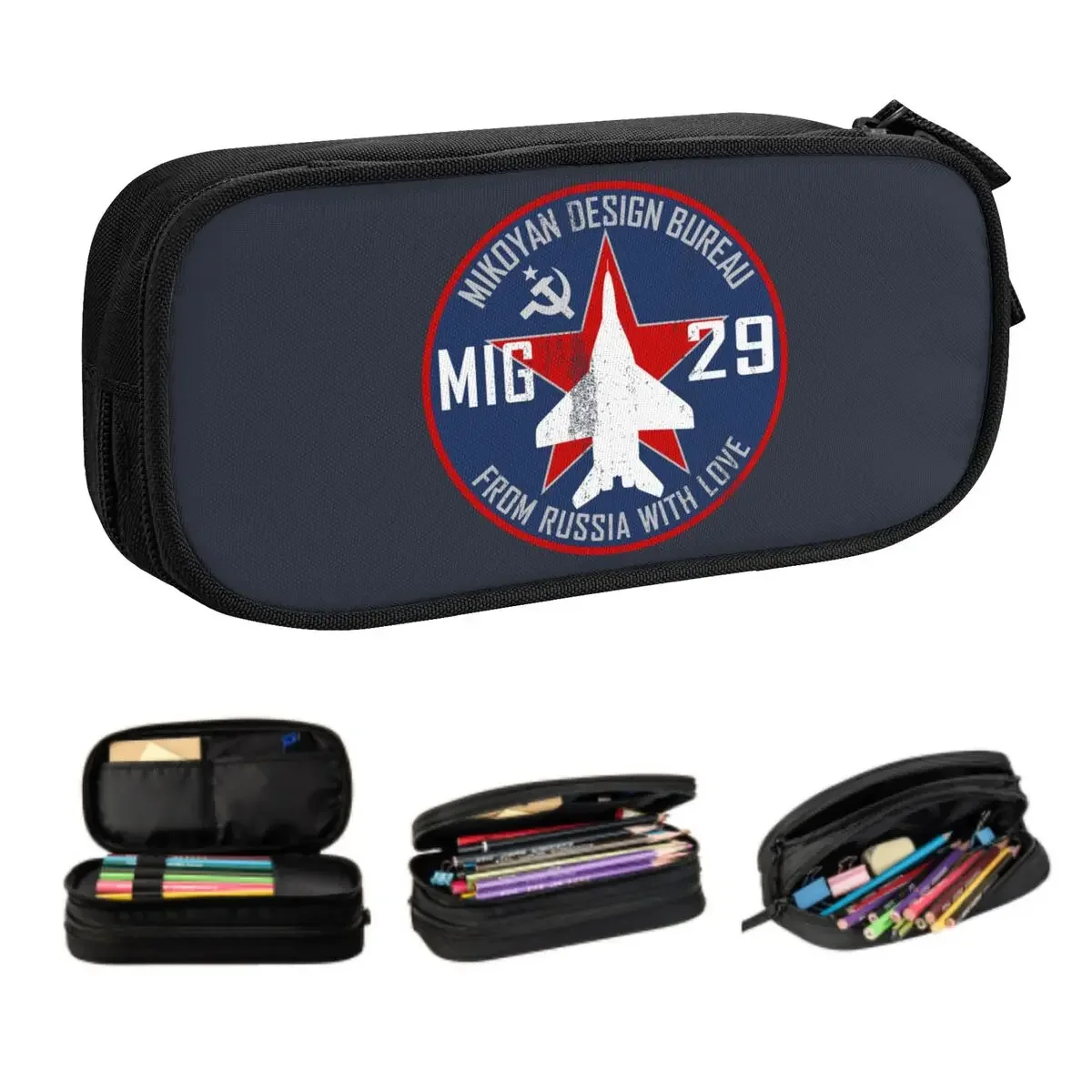 Custom Mikoyan MiG-29 Russia With Love Jet Fighter Pencil Case for Large Capacity Pilot Aviation Airplane Pen Box Bag Stationery