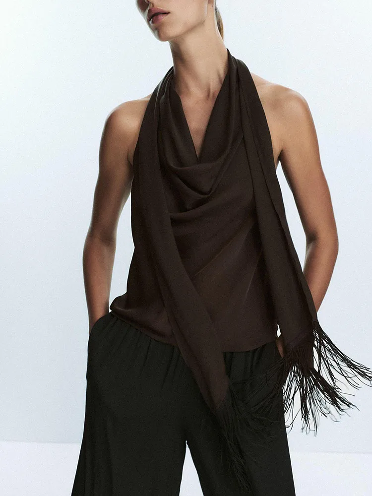 

Осень 2023, новый женский шелковый атласный необычный топ с подвесной отделкой кисточками, качество на ощупь модный этнический сценический костюм