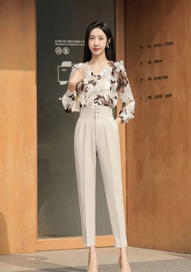 Clothing Solid Trousers Woman Tailoring Womens Pants Work Buttons High Waist Harem Office Classic Chic and Elegant All Medium G