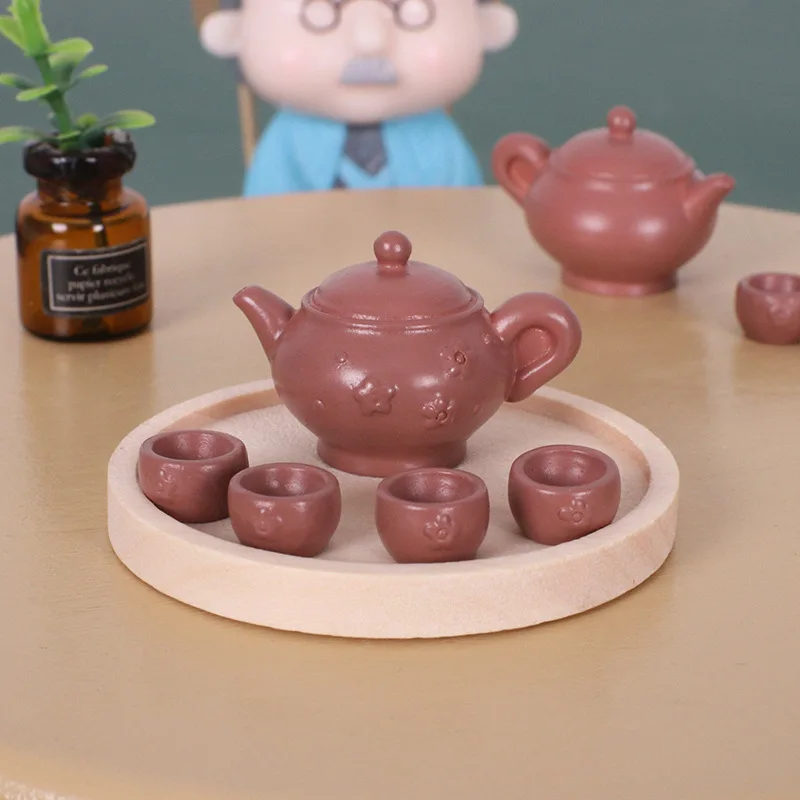 

Miniature Dollhouse Tea Set, Fake Ceramic Teapot&Cups with Tray,DIY Diorama Scene Props,Pretend Play Kitchen Decor Accessoriess