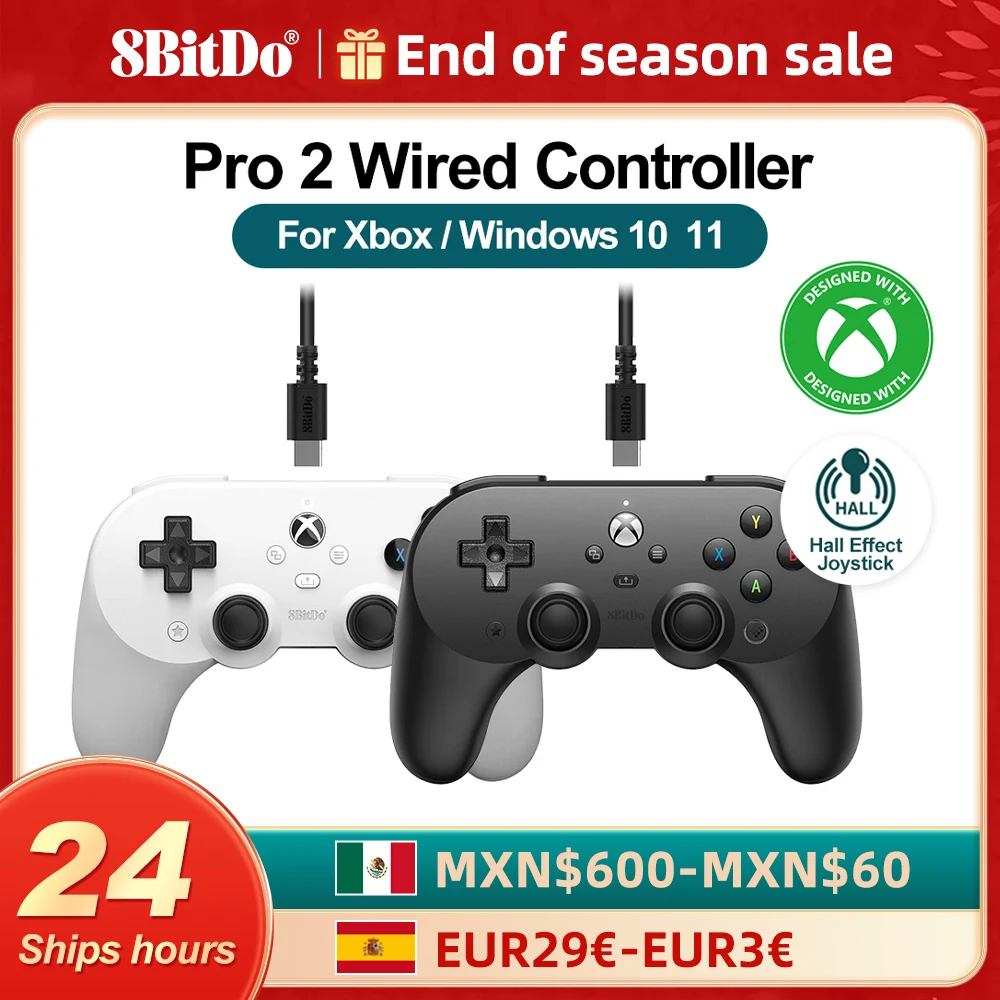 8BitDo Xbox Controller Pro 2 Wired Gamepads PC for Xbox Series X S Xbox One Windows 10 11 Hall Effect Joysticks and Triggers