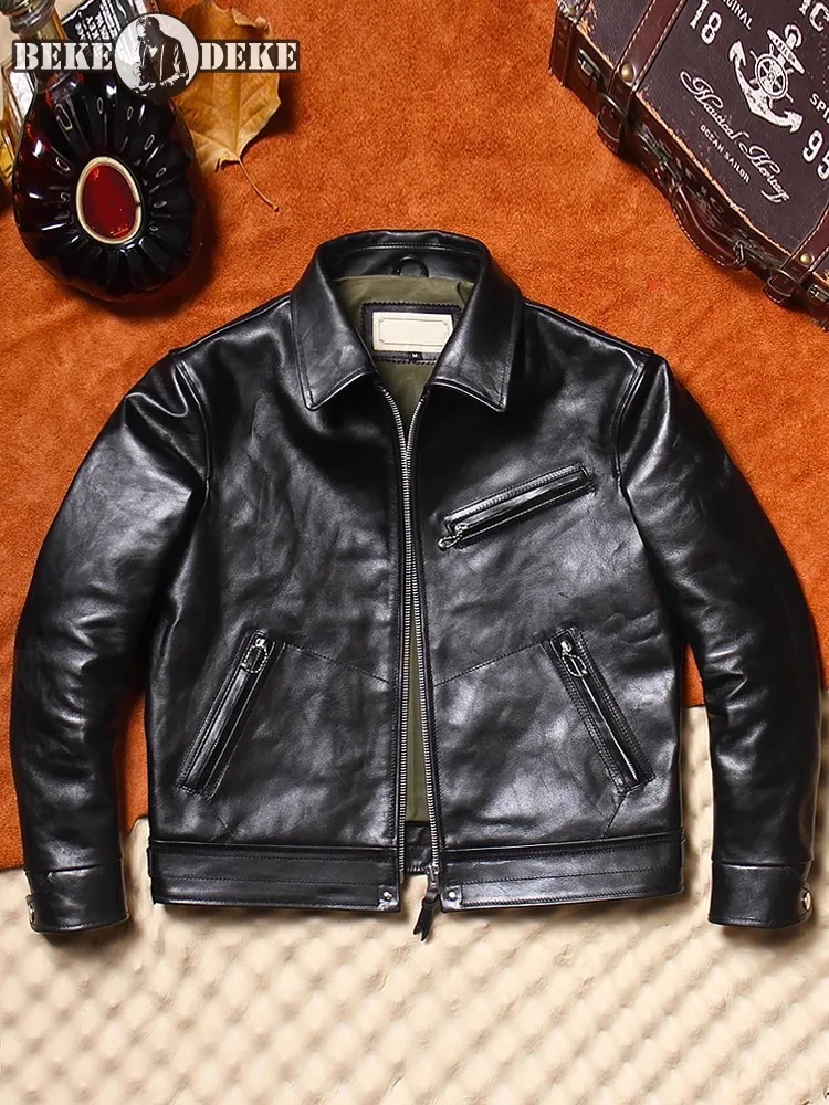 Mens Punk Style Classic Genuine Leather Coat Zipper Turn-Down Collar Horsehide Slim Fit Streetwear Motorcycle Short Jacket 5XL