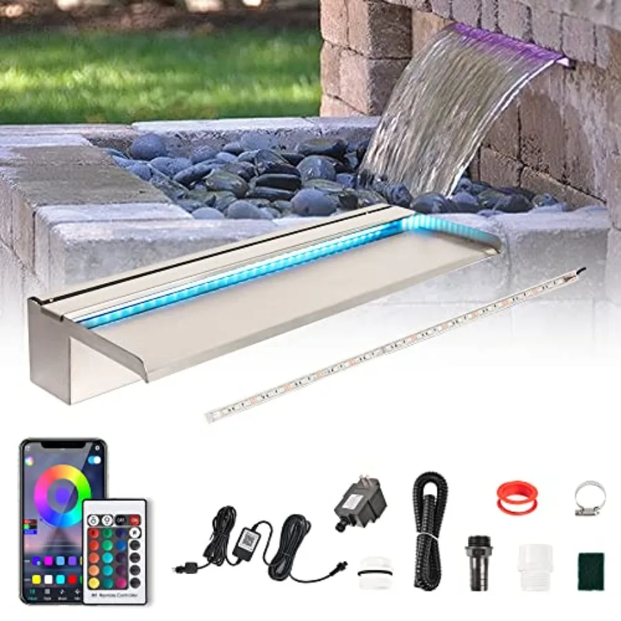 

Outdoor pool waterfall spillway kit with 24-inch stainless steel design, 16-color LED lights, easy-install wall-mounted pond fo