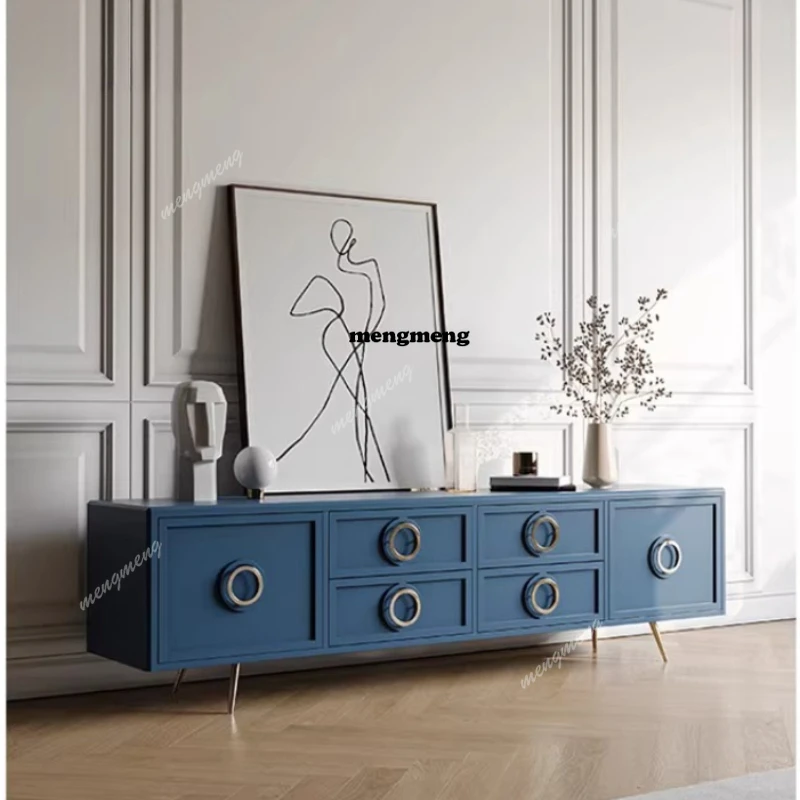 

Тумба под телевизор в стиле лайт-люкс, темно-синяя, для гостиной, напольная, с ящиками, для хранения вещей