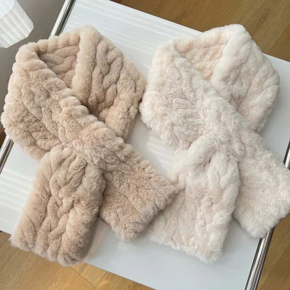 Skin-friendly Neck Warmer Cozy Imitation Rabbit Fur Winter Scarf for Women Soft Plush Short Scarf with Solid Color Design