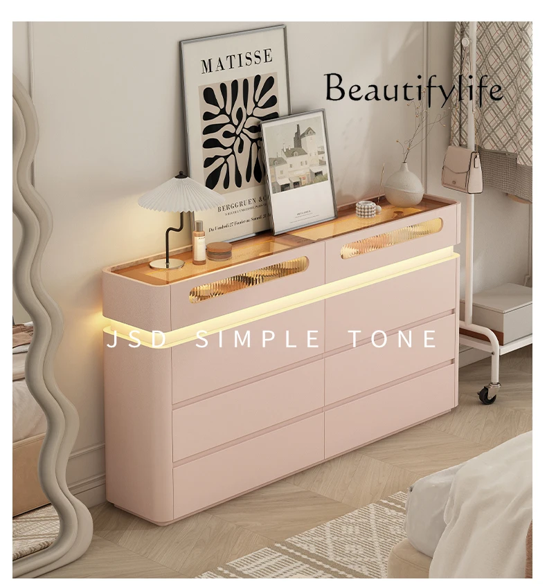 Light luxury cream style solid wood eight-bucket cabinet, bedroom locker, bedside bucket cabinet, dresser integrated pink.