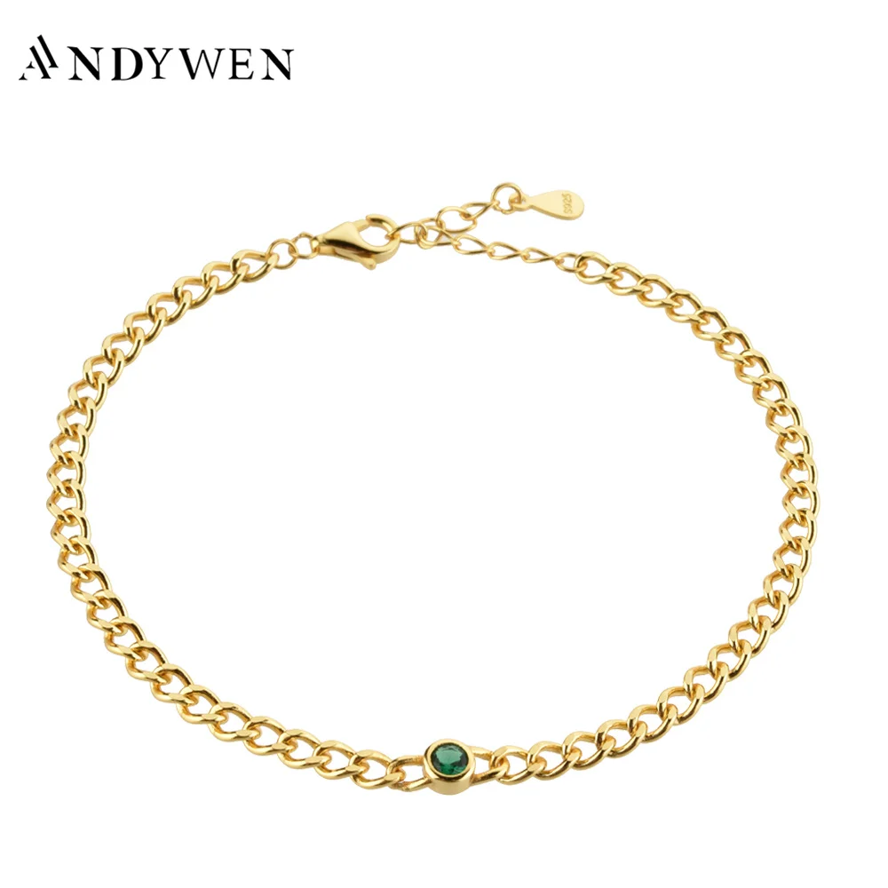 ANDYWEN 100% 925 Sterling Silver Gold Green Round Thick Lock Chain Bracelet New 2022 Clasp Women Bangle Luxury Fine Jewelry