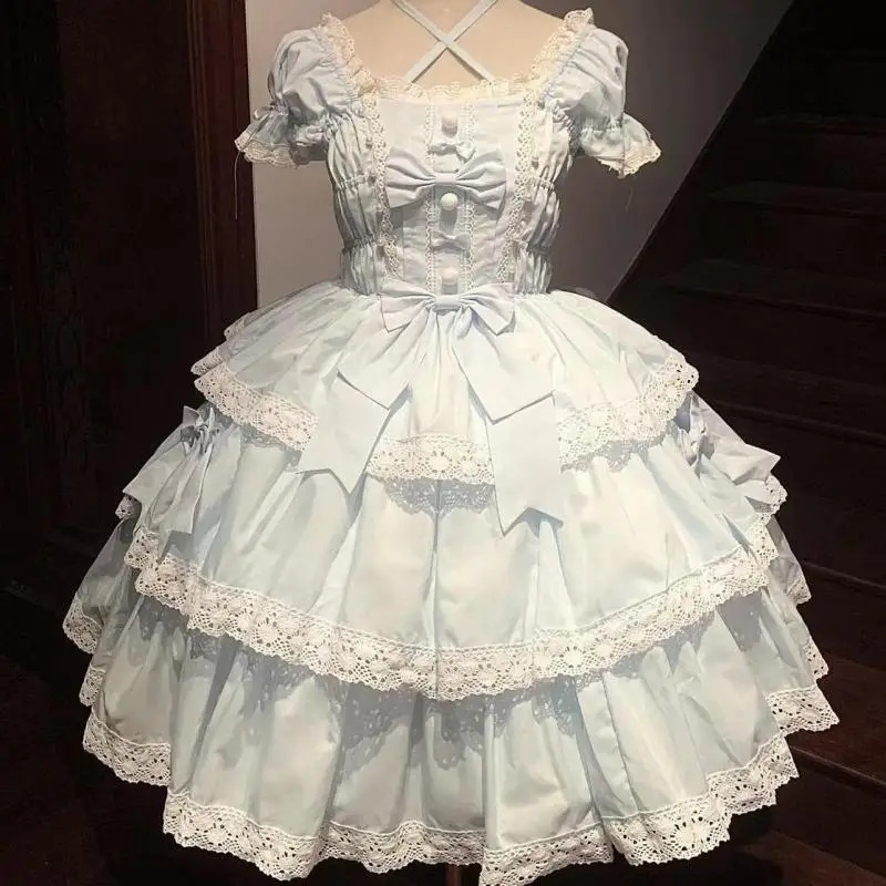 Lente Zomer Harajuku Japanse Jsk Op Lolita Trouwjurk Zoete Schattige Strik Elegante Ruches Jarretel Vrouwen Losse Oversized Cake