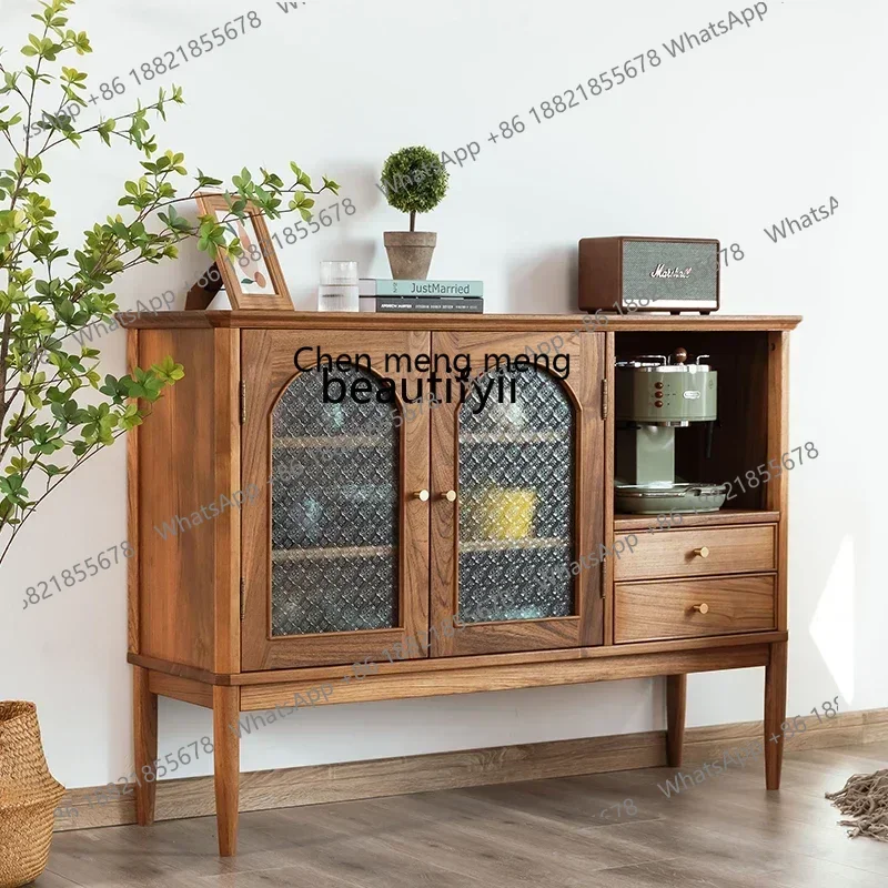 G153 Nordic medieval retro dining side cabinet Myanmar old teak storage cabinet All solid wood glass arched locker