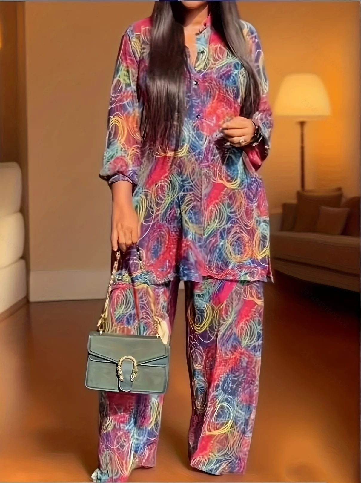 طقم نسائي كبير الحجم مطبوع عليه ألوان واسعة الساق #1