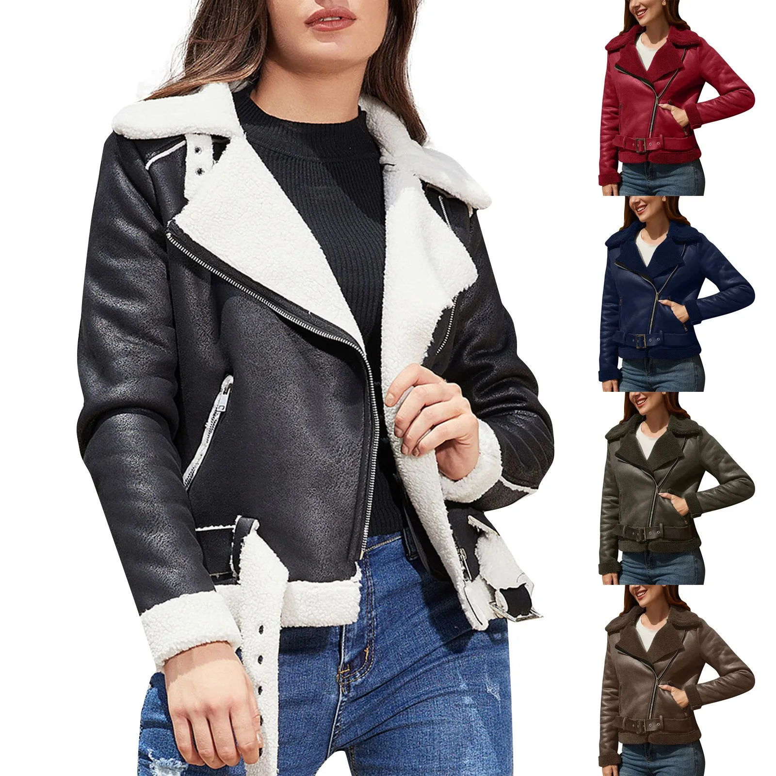 Female Coat Vintage Women Loose Pu Faux Leather Short Jacket with Belt Streetwear Female Moto Biker Zipper Lapel Outwear