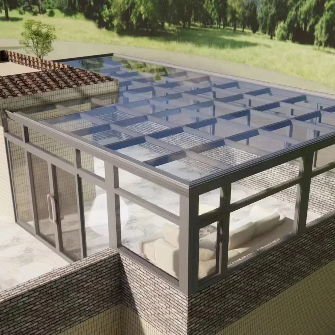 Modern 4 Season Sunroom DIY Conservatory Tempered Glass Aluminum Waterproof Slant Wood Frame Chinese Hotels Villas Sale