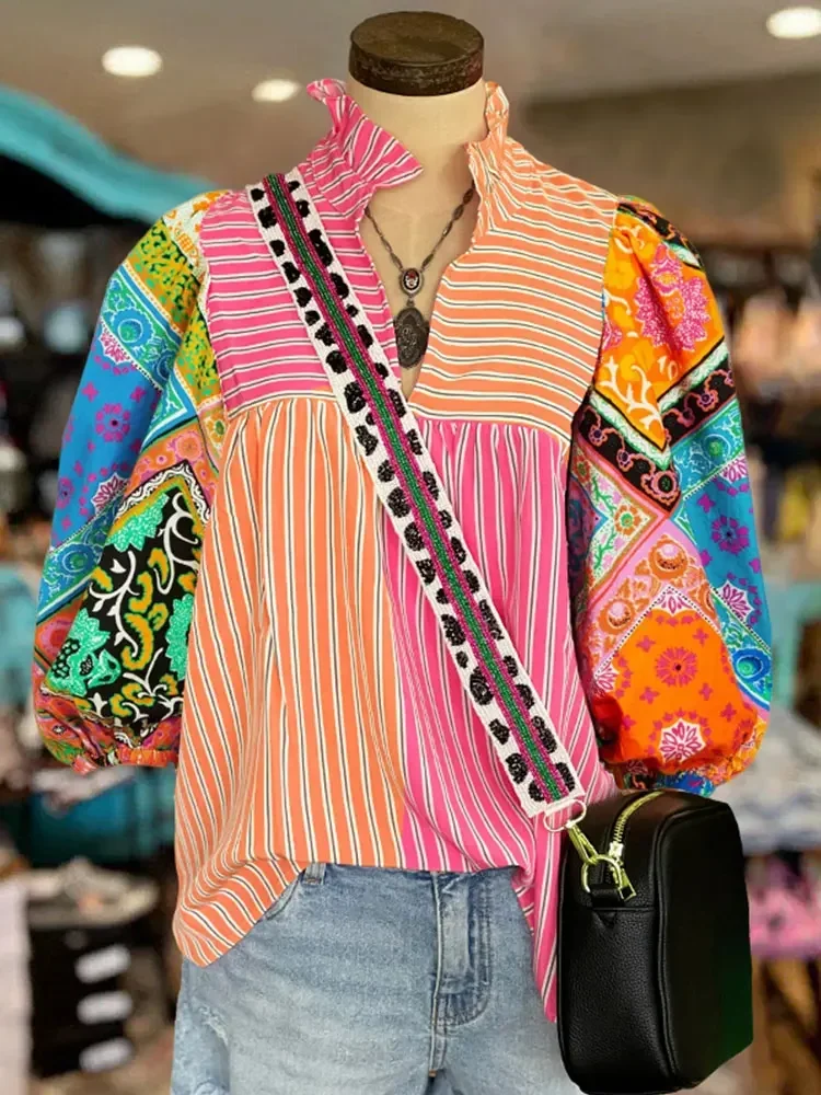 Striped Print Contrasting Color  Blouse Chiffon Shirts