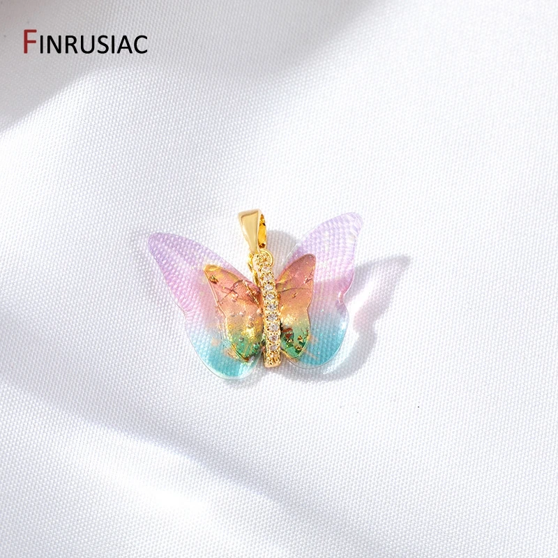 DIY Jewelry Making Supplies 14K Gold Plated Brass Shell Zircon Colorful Butterfly Charm For Necklace Making Accessories
